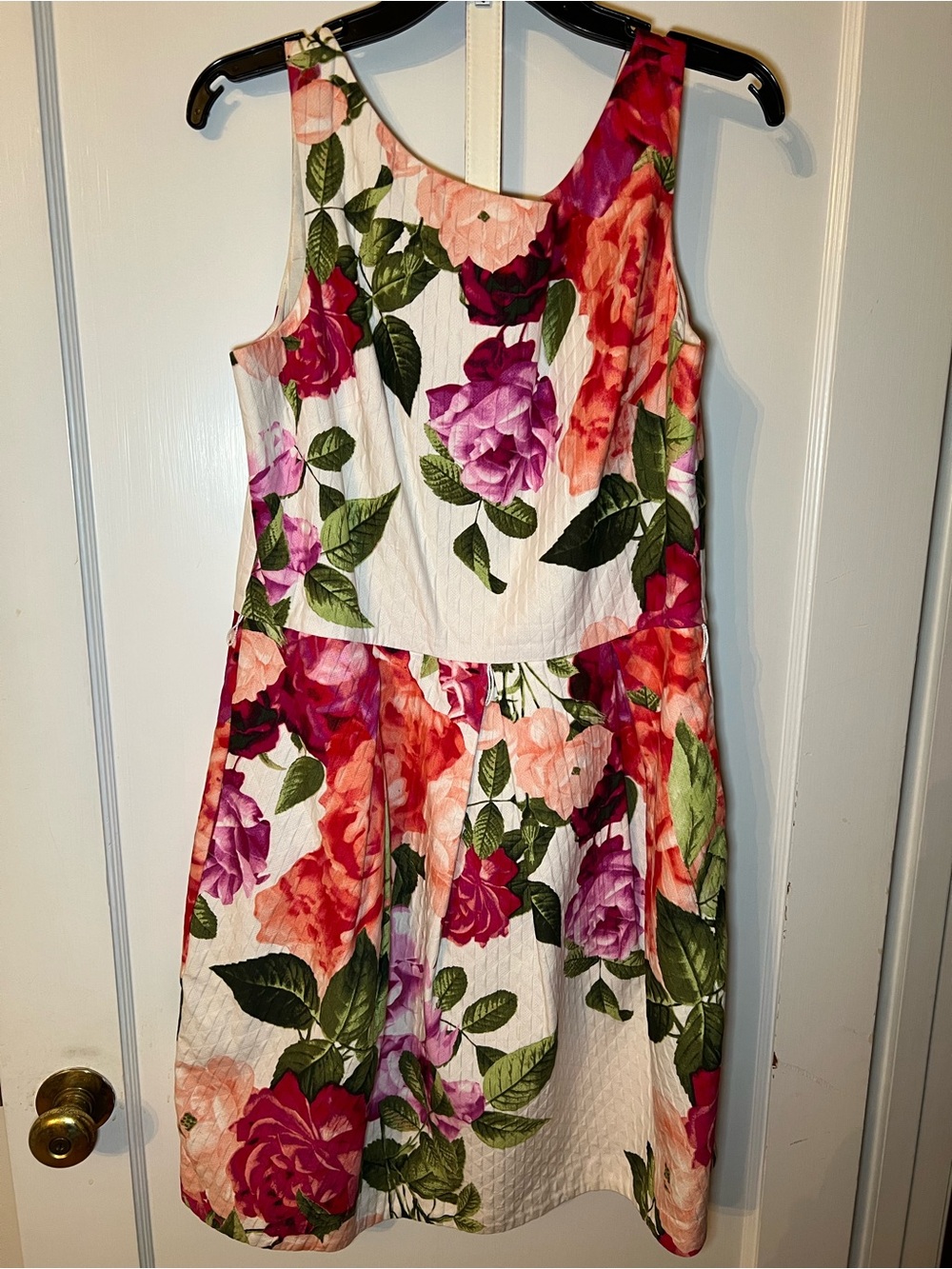 Girls Floral Fit-and-Flare Dress in White with Pink & Purple Roses US14
